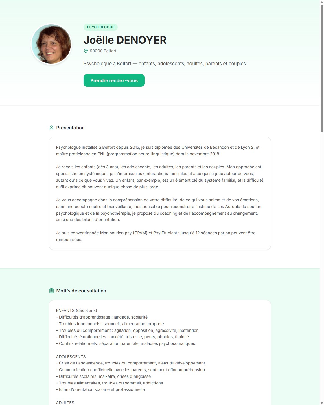 Exemple réel de page praticien : photo, présentation et prise de rendez-vous en ligne